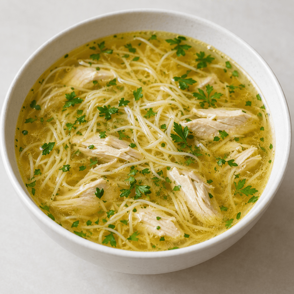 A bowl of clear golden chicken broth with thin pale vermicelli noodles and small tender-looking pieces of chicken visible beneath the surface, lightly scattered with green herbs.