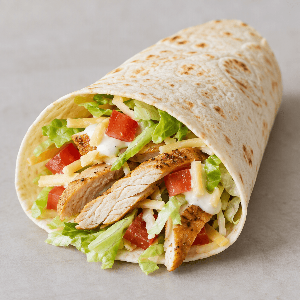 A folded soft tortilla filled with visible strips of cooked chicken, shredded lettuce, diced red tomato, pale yellow cheese and a small amount of creamy white sauce, with the ingredients layered inside and spilling slightly from the open edge.