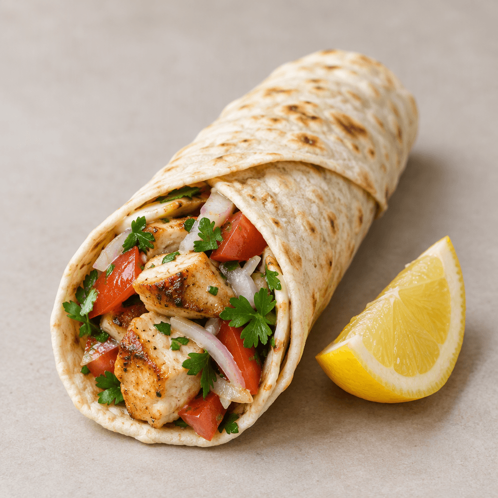 A soft, thin flatbread is rolled into a compact wrap around small browned chicken pieces with visible red tomato, pale onion and bright green parsley, with a little filling showing at the open end and a lemon wedge served beside it.