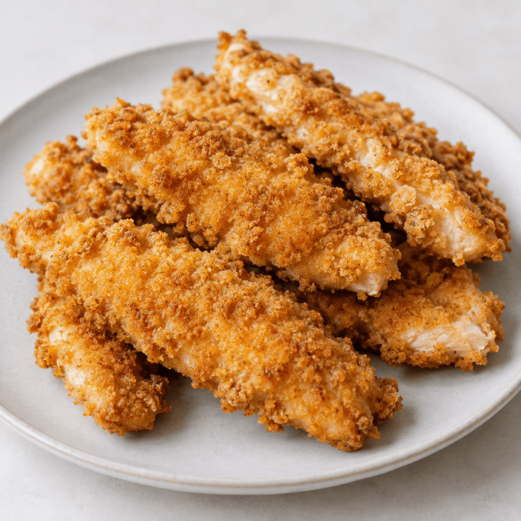 Several elongated strips of chicken are covered in a craggy, golden-brown breadcrumb coating, with a few pale flaky edges visible, arranged on a plate in an overlapping pile.