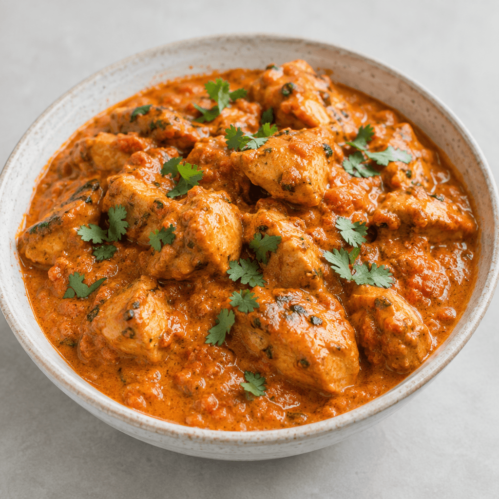 Tender, irregular chunks of grilled chicken are coated in a thick orange-red, creamy tomato sauce and served in a shallow bowl, with small green cilantro leaves scattered across the surface.