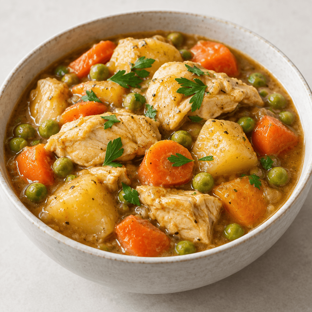 Tender chunks of chicken, potato and carrot sit in a bowl of thick golden-brown gravy, with small green peas scattered throughout and a few parsley leaves on top.