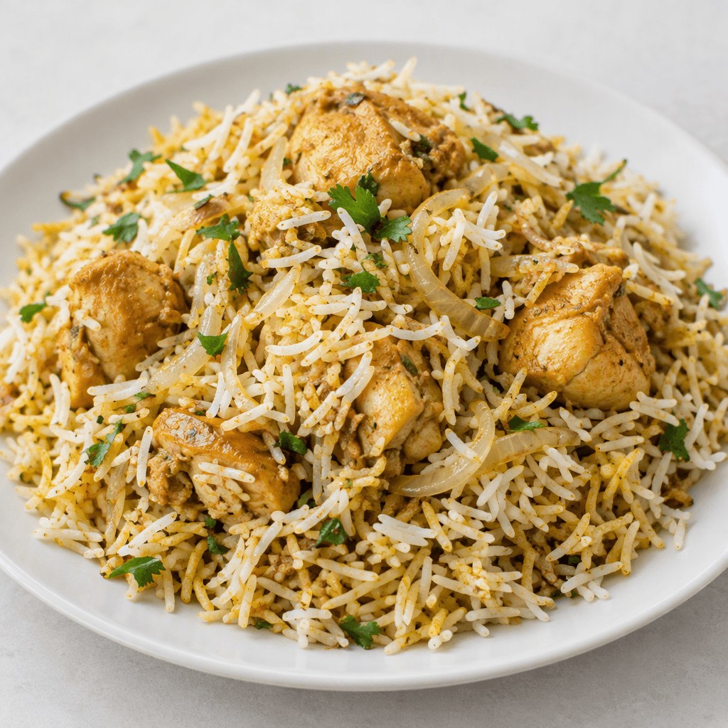 A mound of long, slender basmati rice grains mixed with small golden-brown pieces of chicken, scattered translucent onion slices, and tiny green herb flecks, served on a plain plate with the grains loose and fluffy and a few chicken pieces visible on top.