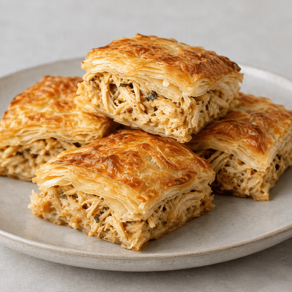 Golden-brown layered pastry pieces with crisp, flaky edges and a visible filling of shredded chicken, arranged on a serving plate.