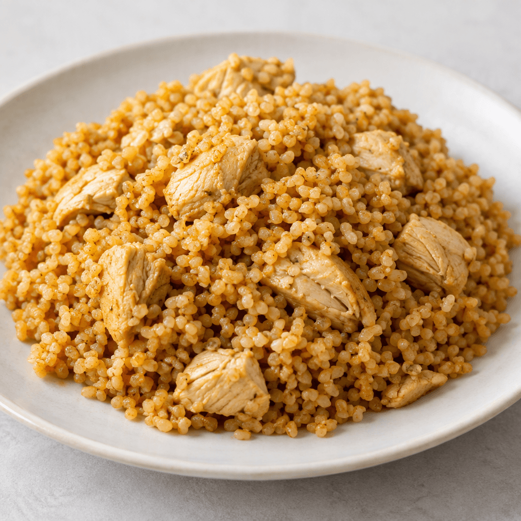 A mound of fluffy, coarse golden-brown bulgur grains is served on a plate with visible tender pieces of pale brown chicken scattered throughout.