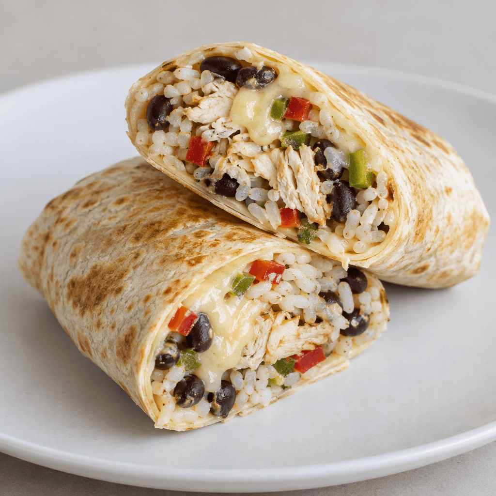 A tightly rolled, lightly browned flour tortilla is sliced diagonally to reveal pale shredded chicken, white rice, dark beans, melted pale yellow cheese, and small red and green vegetable pieces, with the cut halves resting on a plain plate.