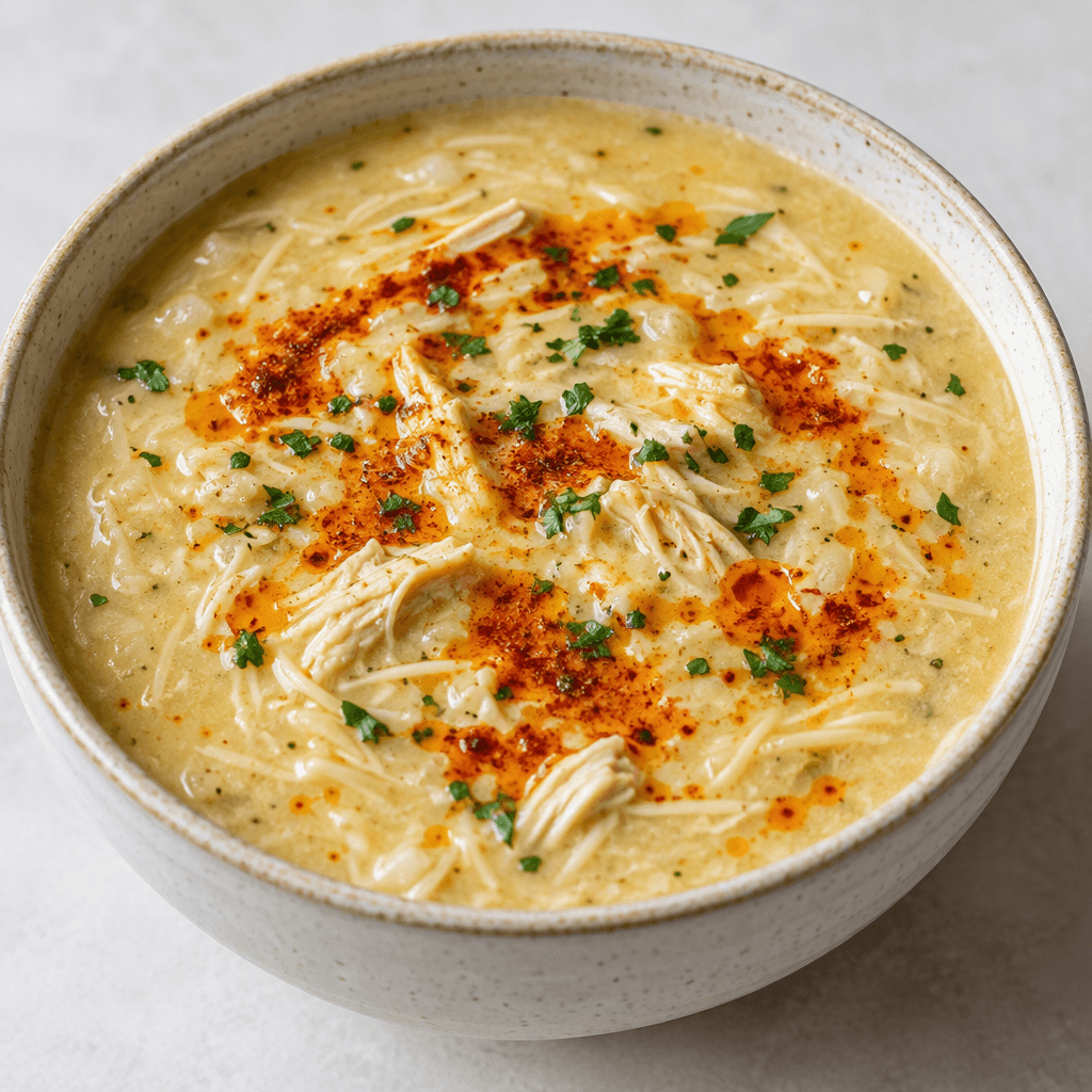 A bowl of thick, pale ivory soup with visible strands and small pieces of chicken, topped with a glossy red paprika-butter drizzle and a few green herb flecks.