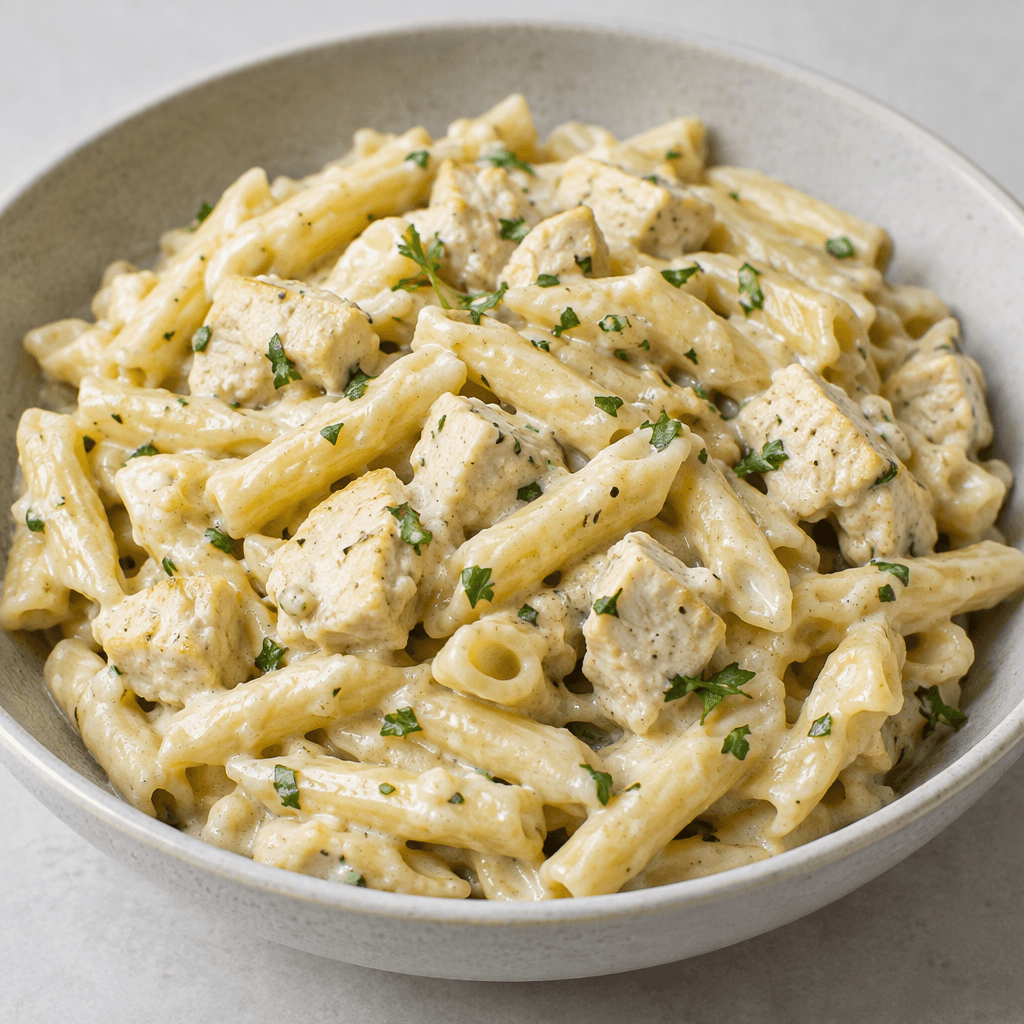 Short pasta pieces coated in a pale creamy sauce, mixed with small beige-white chunks of chicken and scattered green herb flecks, served in a shallow bowl.