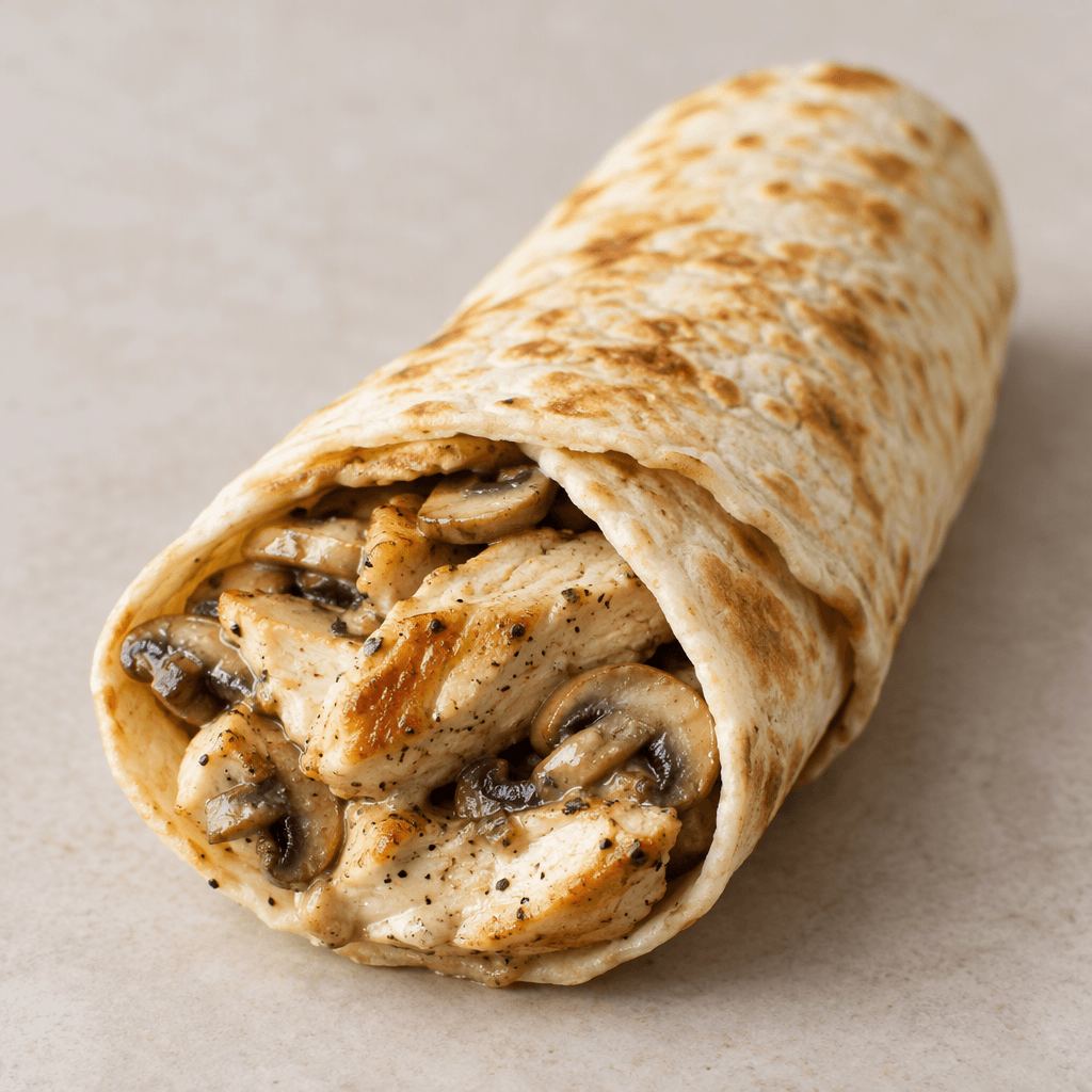 A soft, lightly browned flatbread is rolled around pieces of chicken and sliced mushrooms, with the filling visible at the open end.