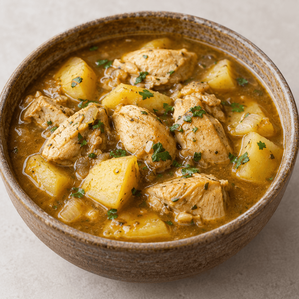 A rustic bowl holds chunky pieces of chicken and irregular potato cubes in a thick golden-brown broth, with the ingredients partially submerged and a few green herb flecks on the surface.
