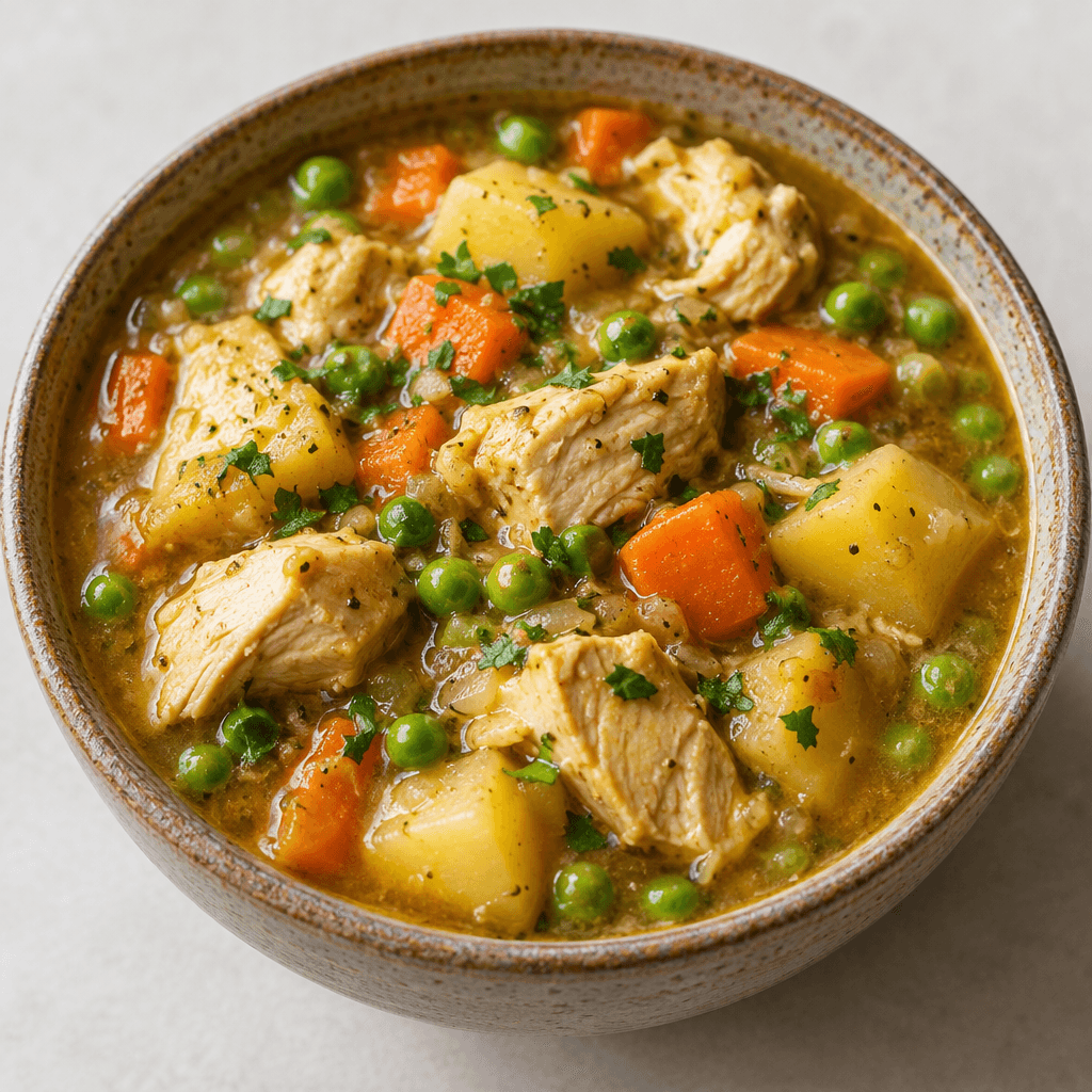 A rustic bowl of thick golden-brown stew with visible chunks of pale chicken, soft yellow potato cubes, bright green peas, and small pieces of carrot in a glossy broth, with a few chopped green herbs scattered on top.
