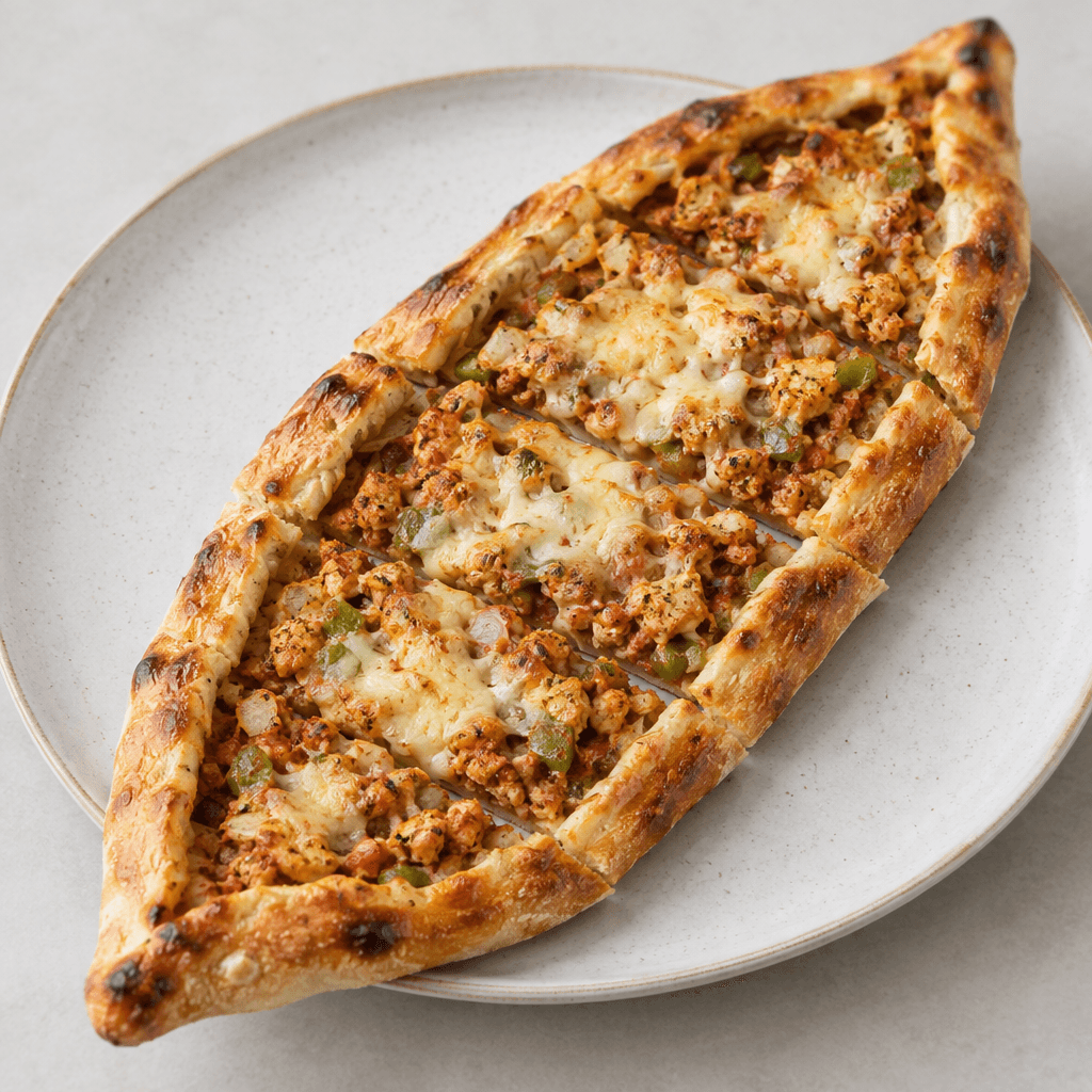 An elongated, boat-shaped Turkish flatbread with a blistered golden-brown crust, topped with visibly seasoned minced chicken, small pieces of onion and green pepper, and scattered pale straw-yellow melted cheese, served sliced on a plate.