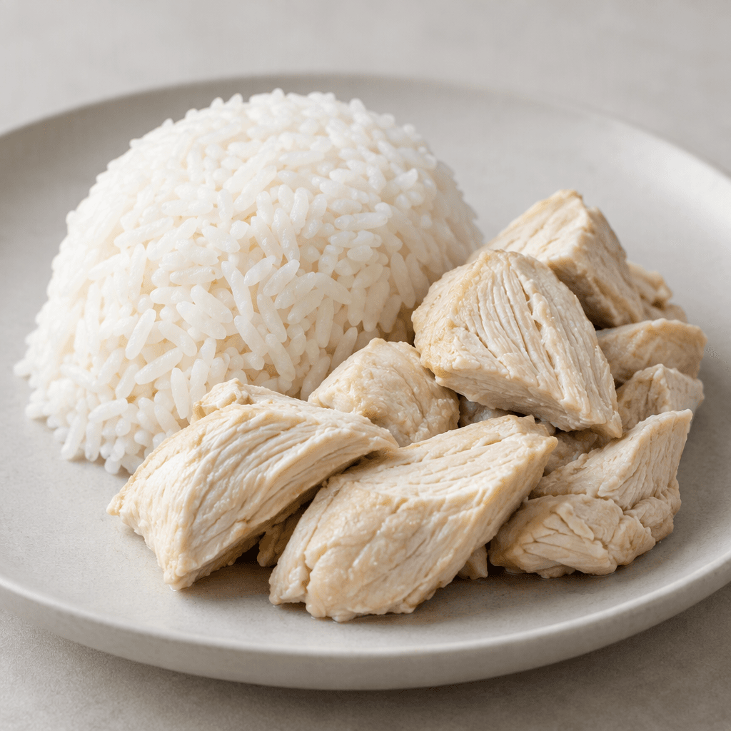 A mound of white rice sits beside pale, tender-looking pieces of chicken, with a clean, matte surface and no visible oil or sauce.