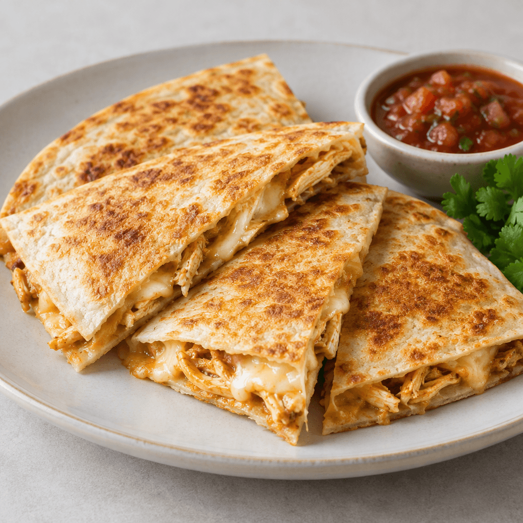 Hafif kabarmış ve kızarmış yüzeyli, altın kahverenginde yarım ay şeklinde katlanıp üçgen dilimlere ayrılmış un tortillasının arasından erimiş açık sarı peynir ile didiklenmiş tavuk görünür; yanında az miktarda kırmızı salsa ve yeşil garnitür bulunur.