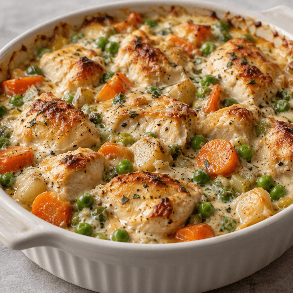 Chunks of chicken, carrots, peas, and other vegetables sit together in a shallow baking dish, coated in a light-colored sauce with a lightly browned surface.