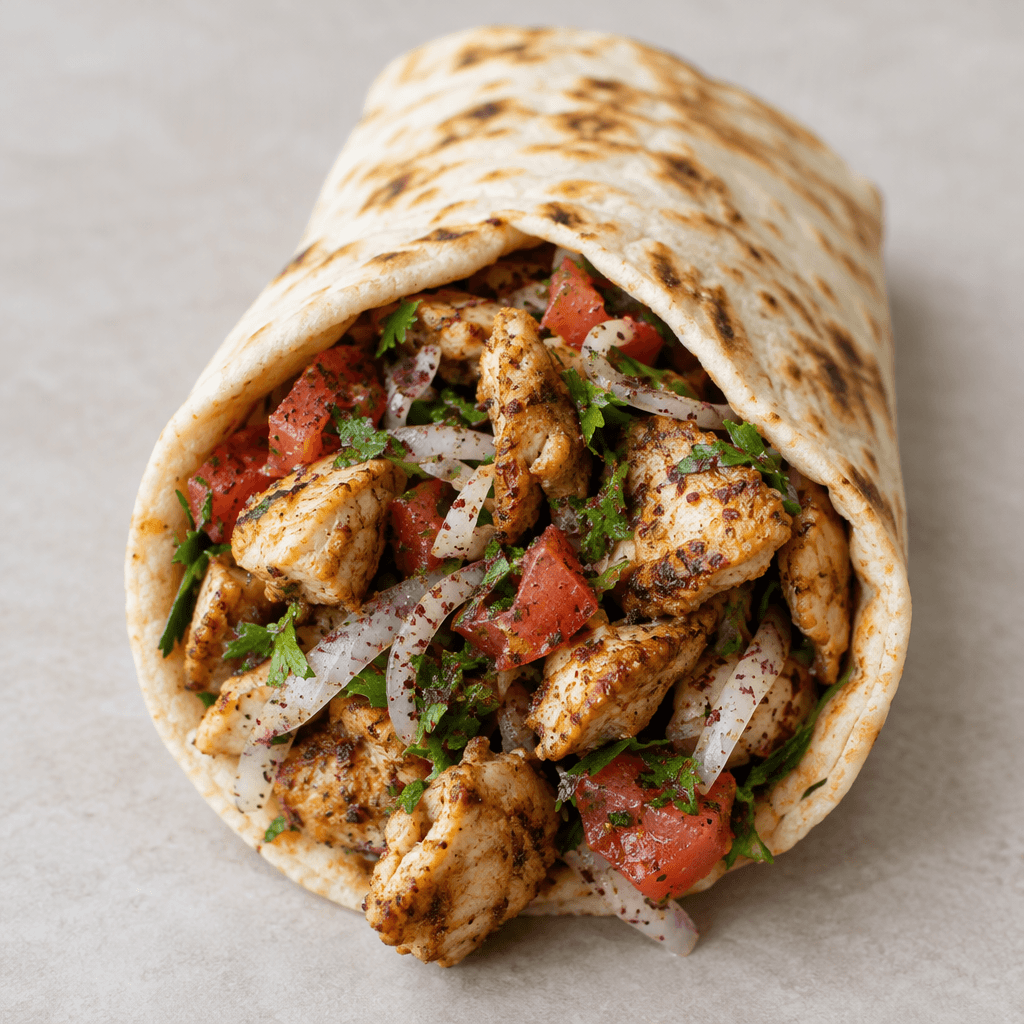 Small, irregular pieces of browned chicken are piled inside a thin, lightly toasted flatbread with visible chopped tomatoes, pale onion, green parsley and red sumac, with the filling spilling slightly from the open end.