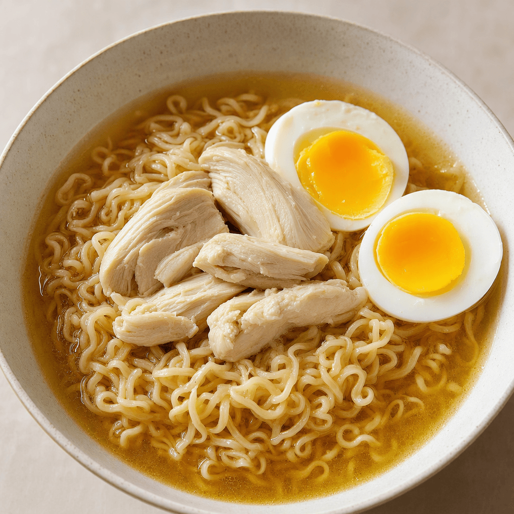A bowl of curly wheat noodles sits in clear golden broth, topped with pale pieces of chicken and a halved egg with a bright yellow yolk.