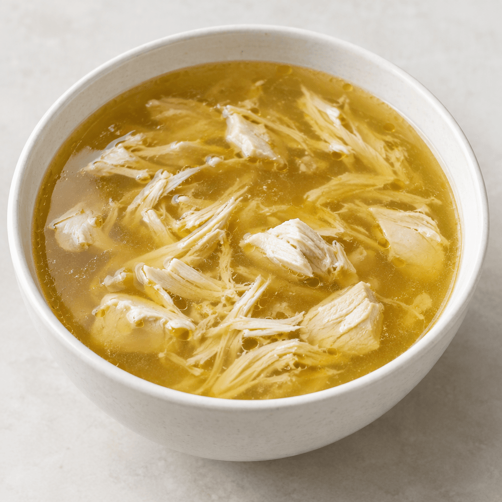 A bowl of clear, golden chicken broth with visible tender shreds and small pieces of chicken floating in the liquid, served plain with a glossy surface.