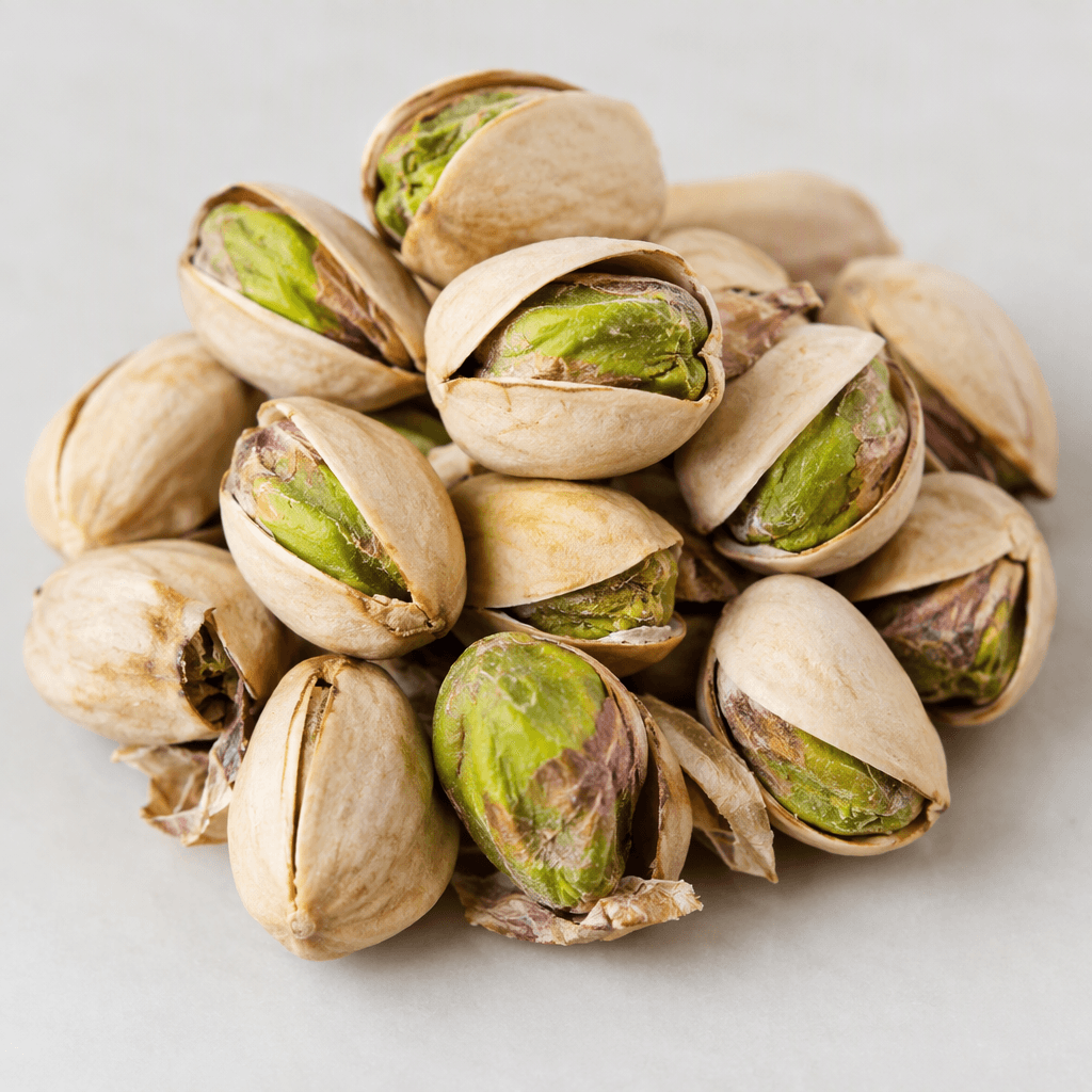 Fresh pistachios appear as small oval nuts with vivid green kernels partly enclosed by pale beige, naturally split shells, with smooth, firm surfaces and a few papery husk fragments visible around them.
