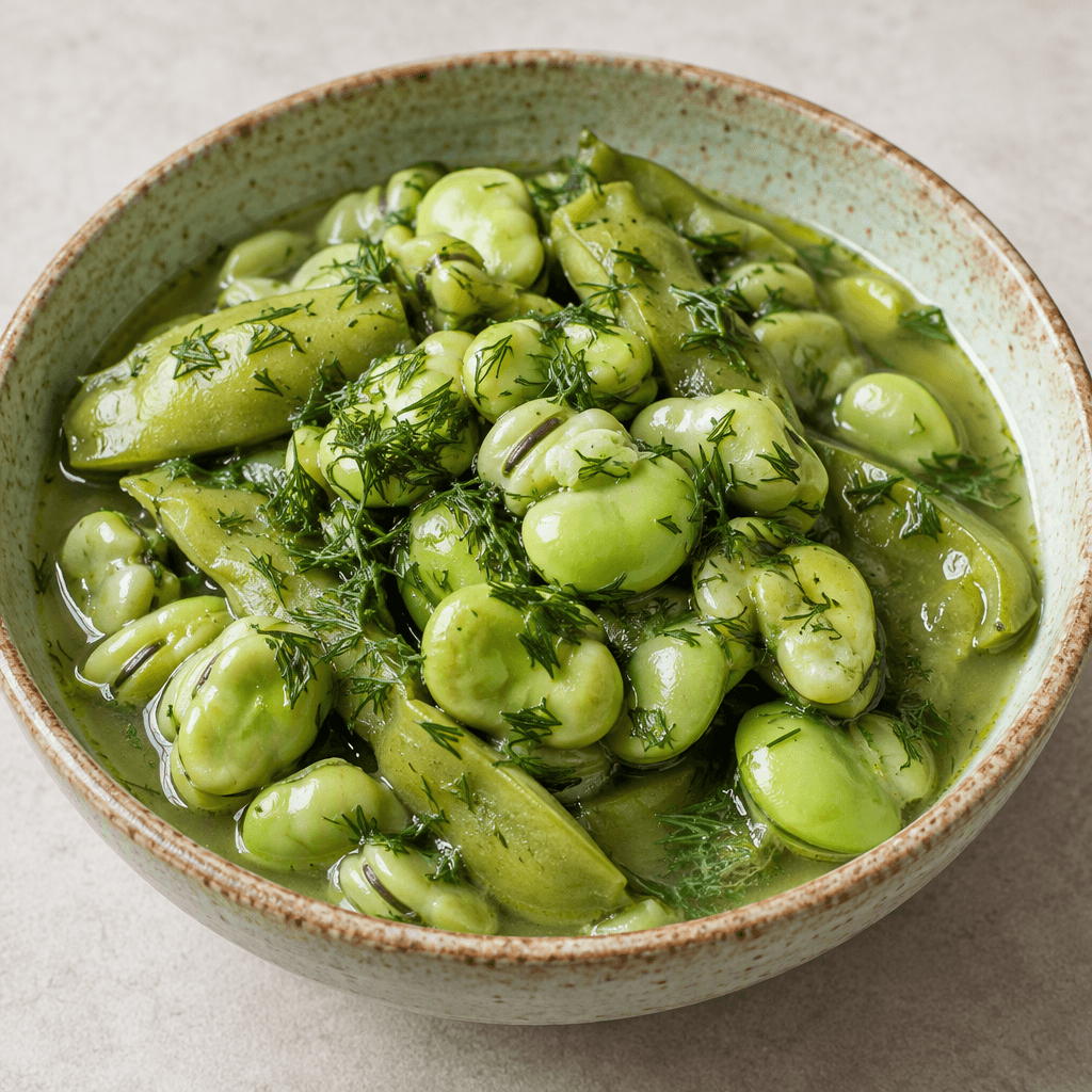 Chunky fresh broad beans, their pale green pods and beans visible in a shallow, glossy light-green broth, are served in a rustic bowl with finely chopped dill scattered over the top.