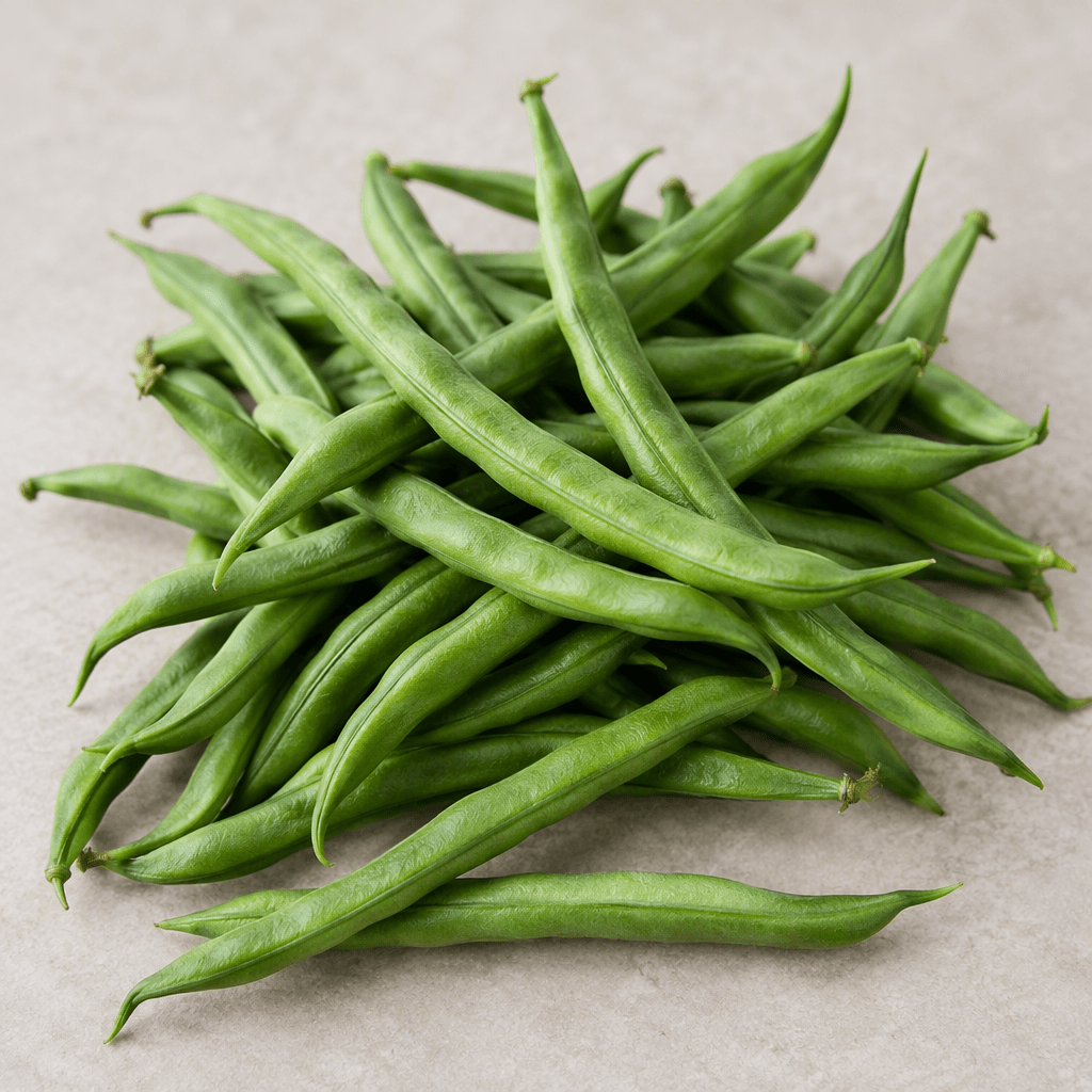 Slender, elongated green bean pods with gently curved shapes, ridged surfaces, and tapered pointed ends, arranged together in a loose pile.
