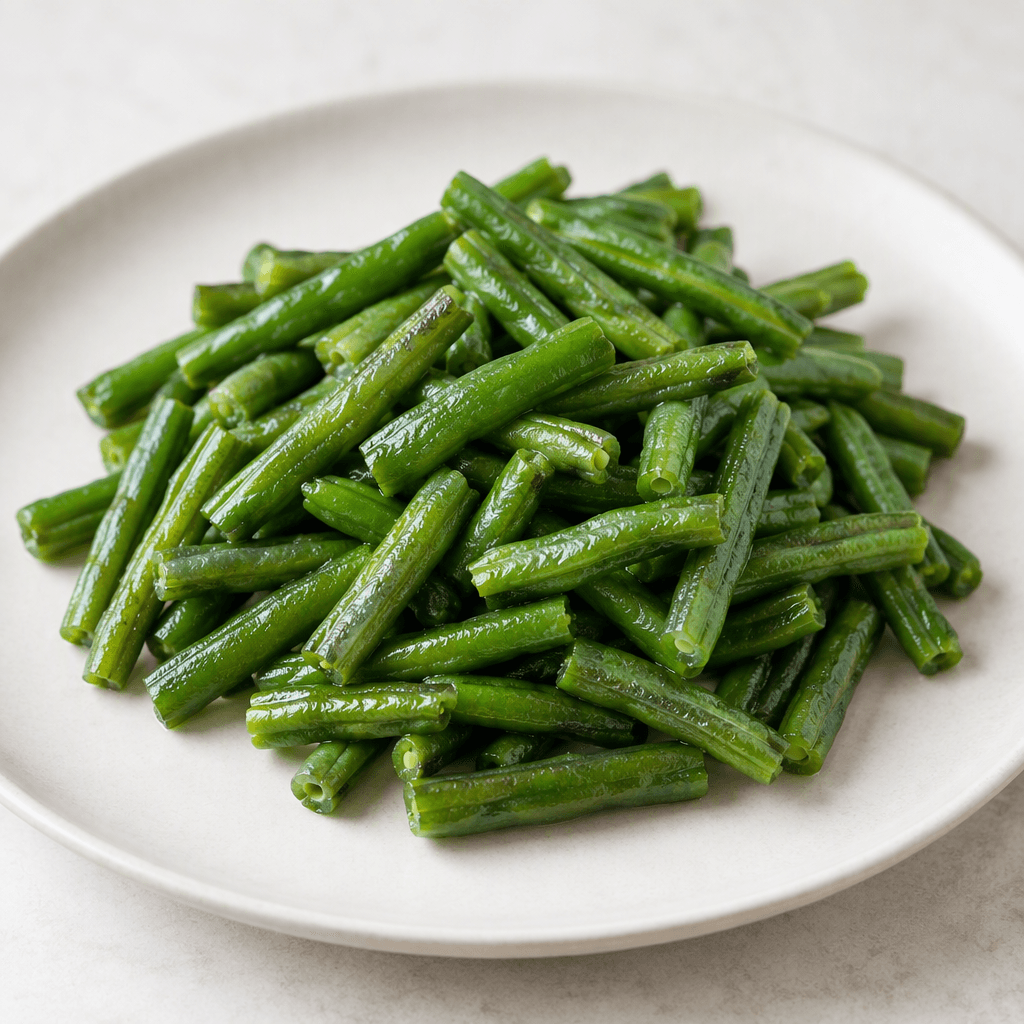 Tender green beans appear as slender, cut sections with slightly wrinkled surfaces, deep to medium green colour, and a soft glossy sheen, arranged in a small mound on a plain plate.