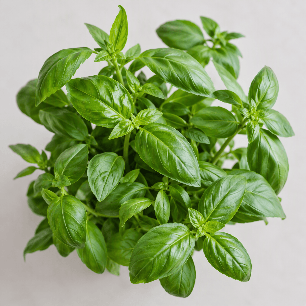 Fresh basil consists of small to medium oval leaves in vivid green, with smooth slightly glossy surfaces, delicate branching stems, and a loosely gathered leafy appearance.