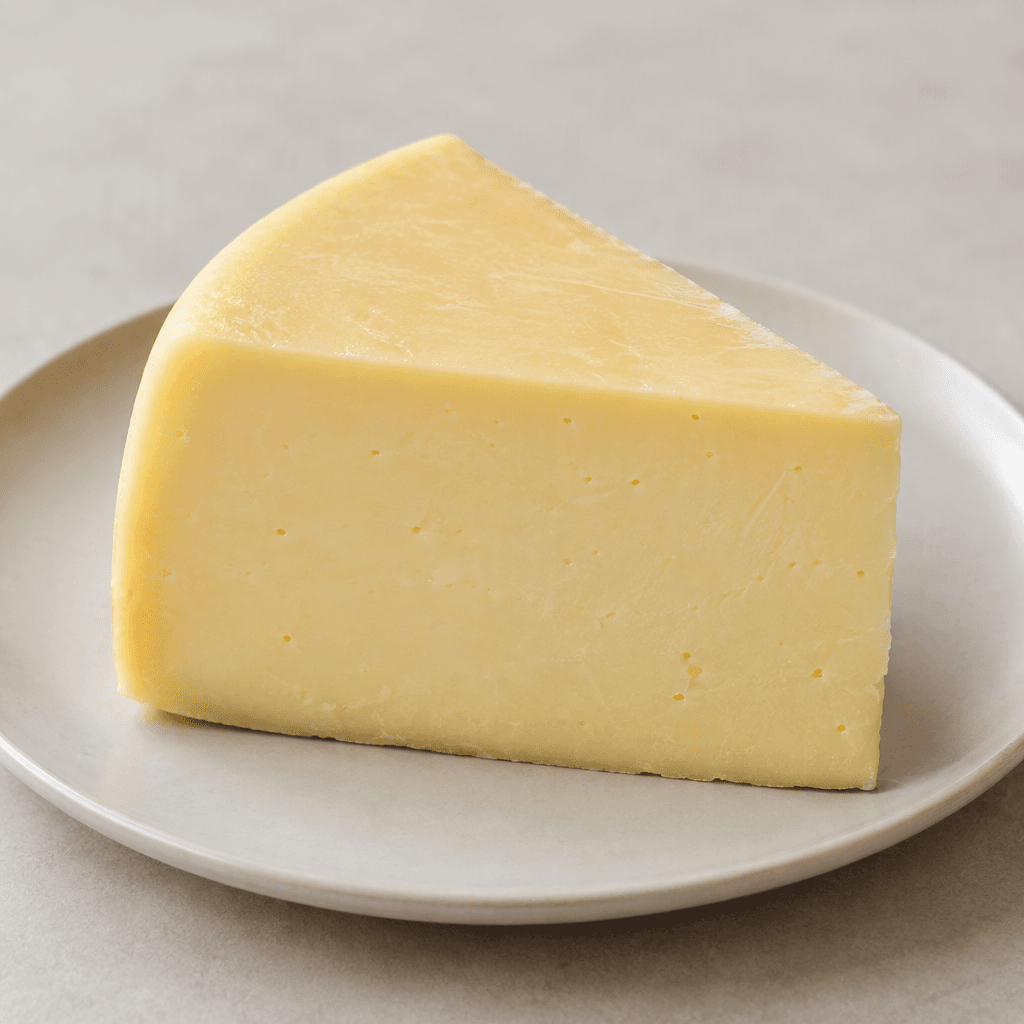 A wedge of fresh Kashar cheese with a smooth, pale straw-yellow surface, a firm yet slightly pliable semi-hard texture, clean cut edges, and a compact, uniform interior, served on a simple plate.