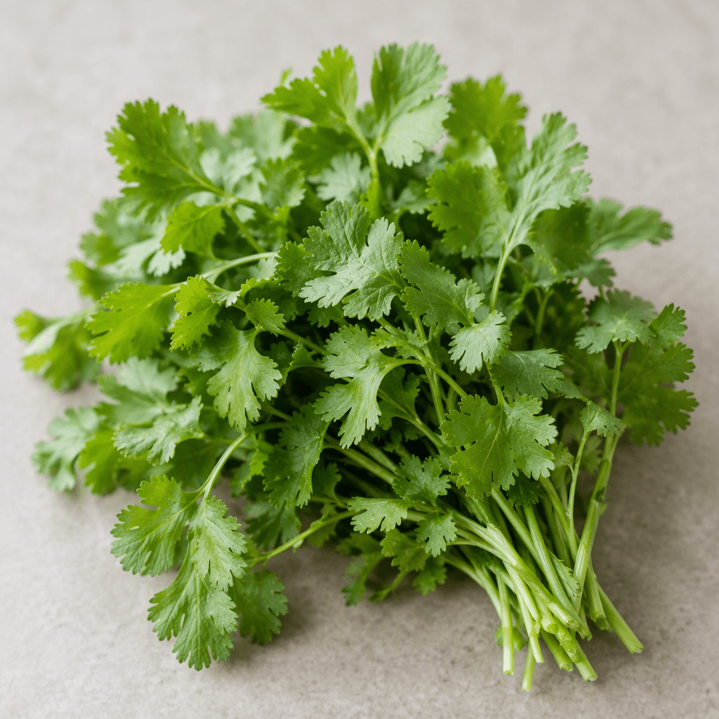 A small bunch of fresh coriander with delicate bright-green, flat, rounded-lobed leaves on thin pale-green stems, loosely gathered with some leaves overlapping.