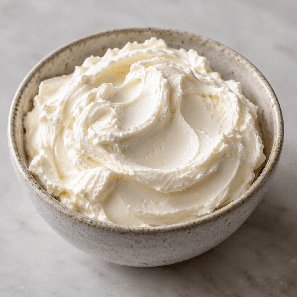 A small portion of fresh cheese is soft, smooth and creamy white, with a thick spoonable texture and a gently uneven surface.