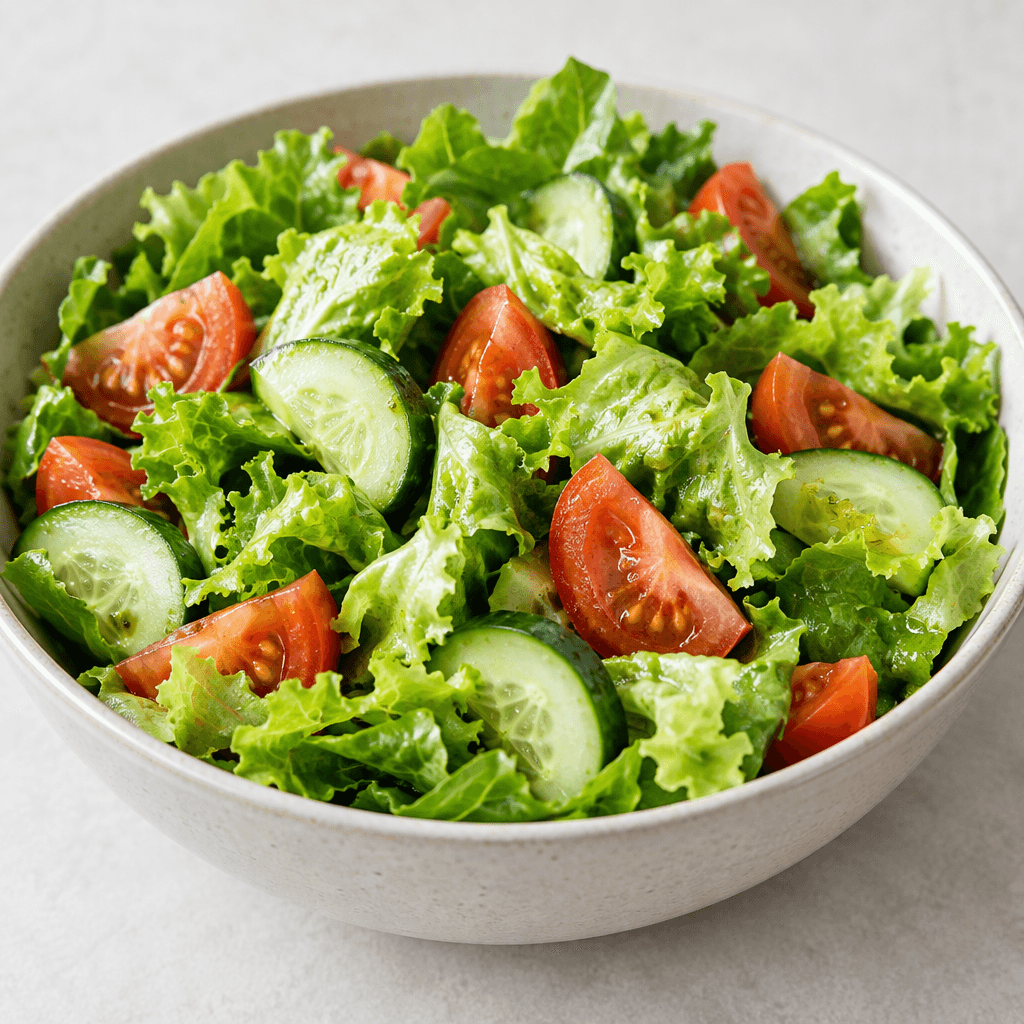 Crisp green lettuce leaves are mixed with bright red tomato pieces and pale green cucumber slices in a shallow serving bowl.