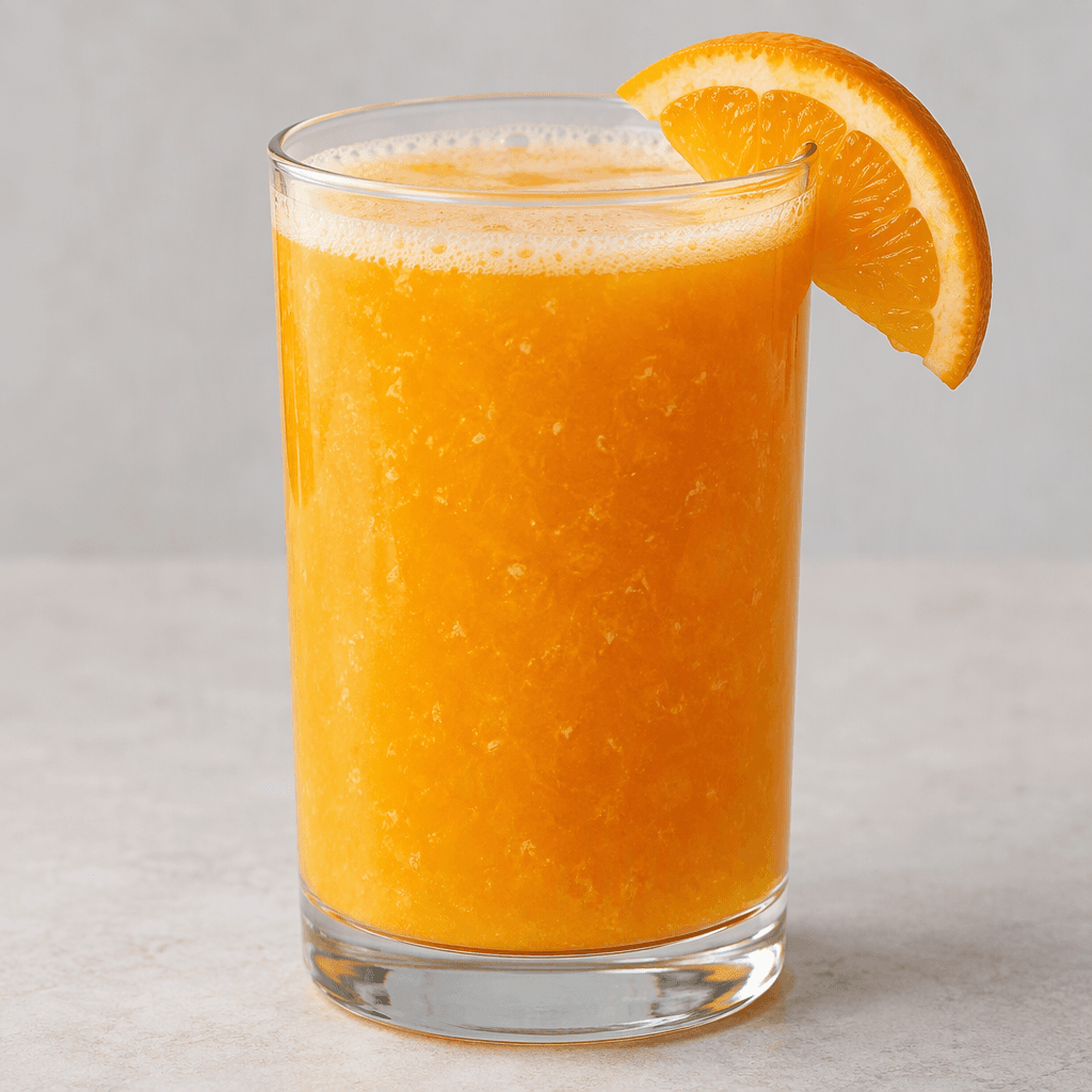 Bright, cloudy orange liquid with fine pulp suspended throughout, served in a clear cylindrical glass filled nearly to the rim, with a small layer of pale foam on top and a fresh orange wedge resting on the rim.