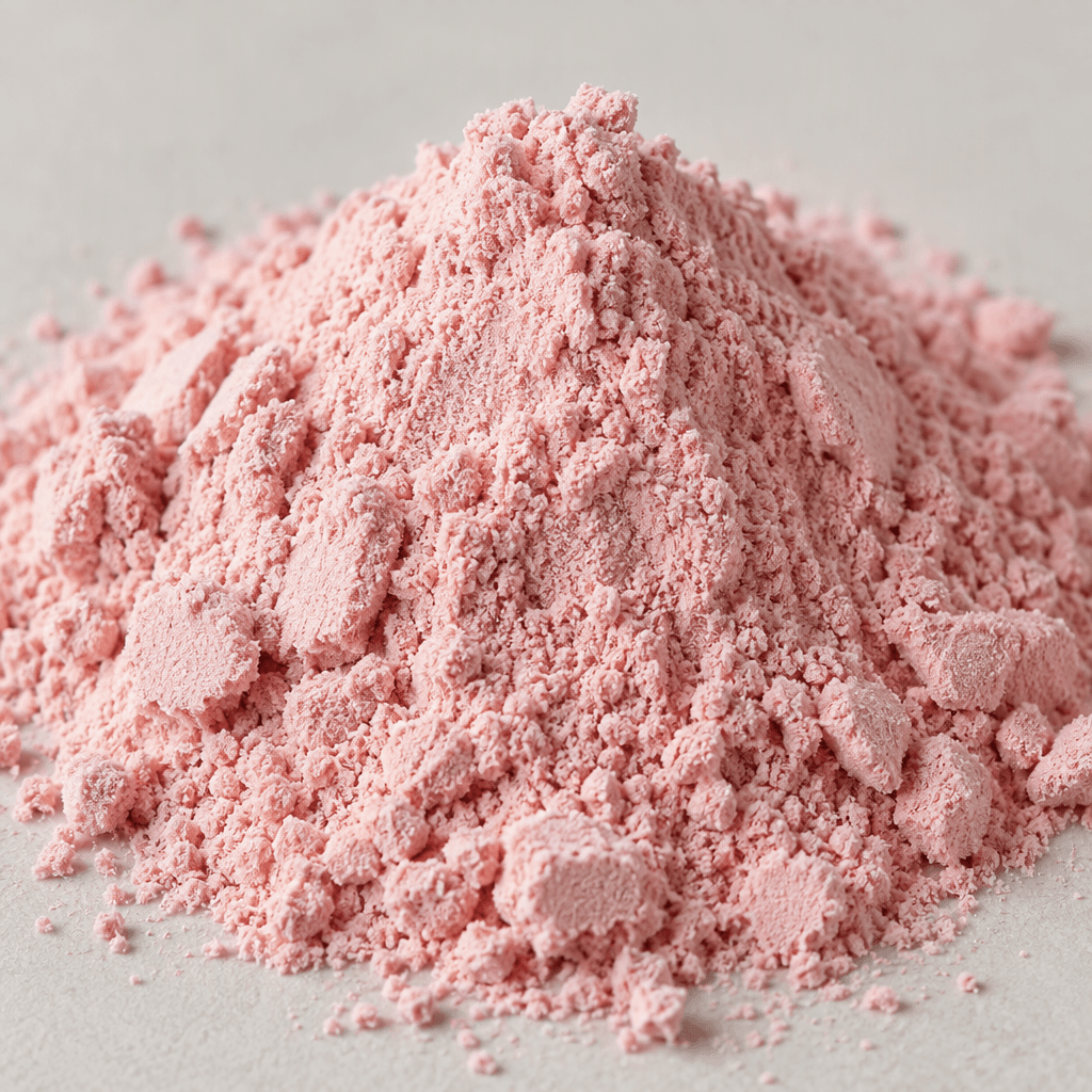 Yumuşak ve yer yer hafif topaklı dokusuyla açık pembe renkli, ince öğütülmüş protein tozu küçük bir yığın hâlinde duruyor.