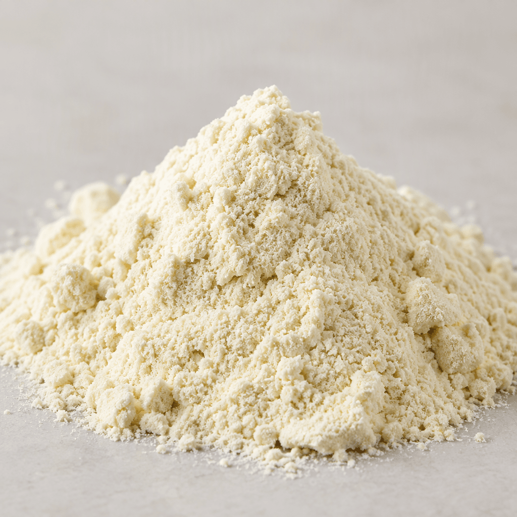 Yumuşak ve hafif tanecikli yüzeyiyle, açık krem renginde ince bir protein tozu yığını.