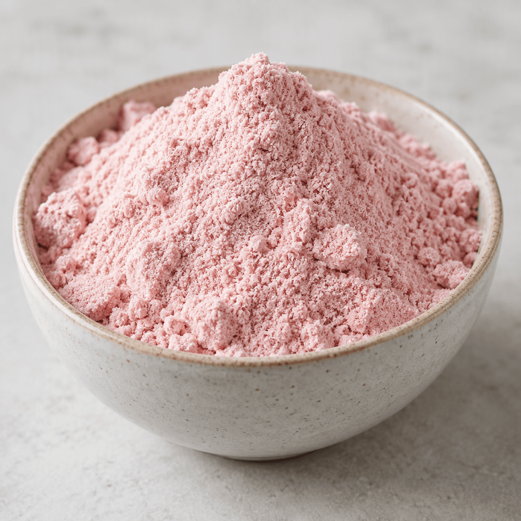 Küçük bir kâsede, yumuşak ve hafif tanecikli dokusu görünen açık pembe, ince protein tozu birikiyor.