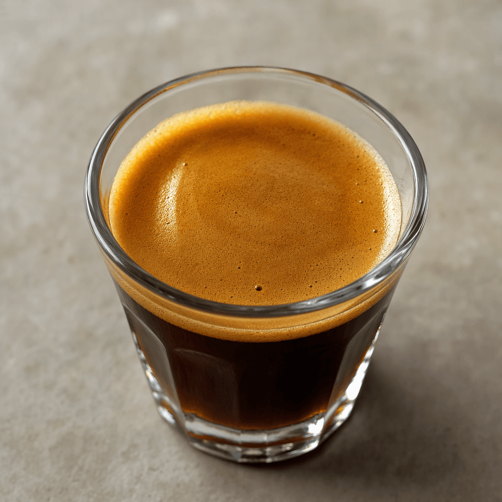 A small cup of dark brown coffee with a smooth surface and a thin layer of golden-brown crema.