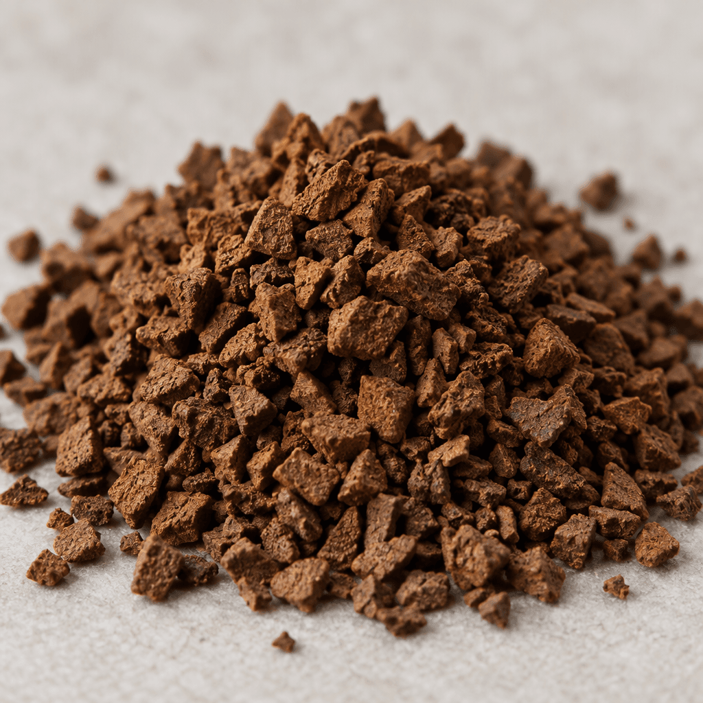 A small mound of irregular, dry, dark-brown instant coffee granules with a slightly crystalline, porous surface.