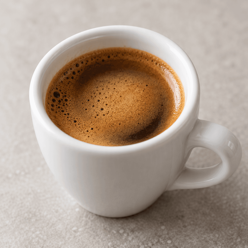 A small white cup holds dark brown coffee with a thin light-brown crema on its surface.