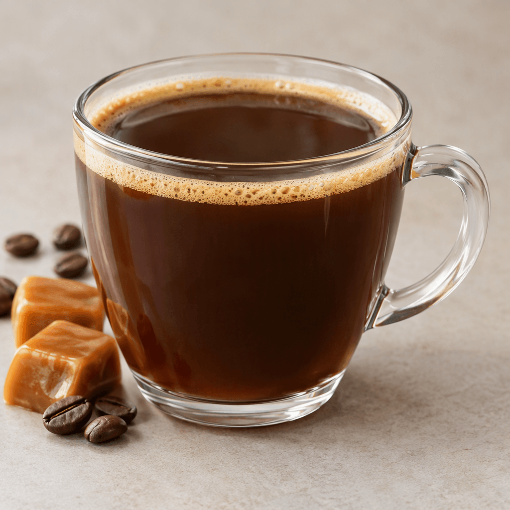 A clear cup holds dark amber-brown coffee with a smooth surface and a thin, light-tan ring of foam around the edge.