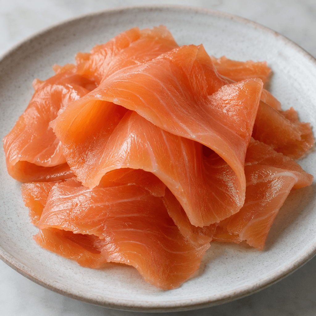 A small individual serving of thin, overlapping smoked salmon slices, coral-pink with delicate pale streaks and a smooth, slightly glossy surface, arranged in loose folds on a plate.