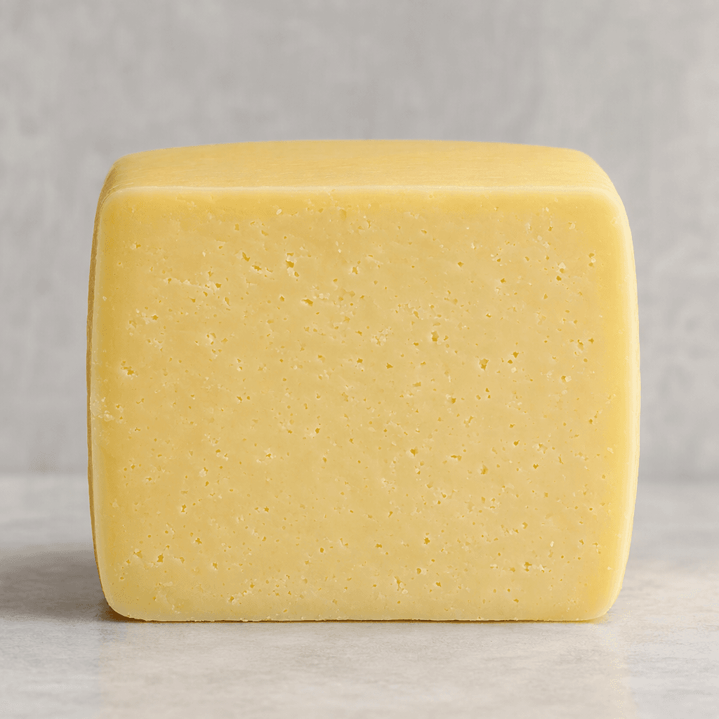 A compact block of pale straw-yellow semi-hard cheese with a smooth outer surface and a dense, faintly porous cut face.