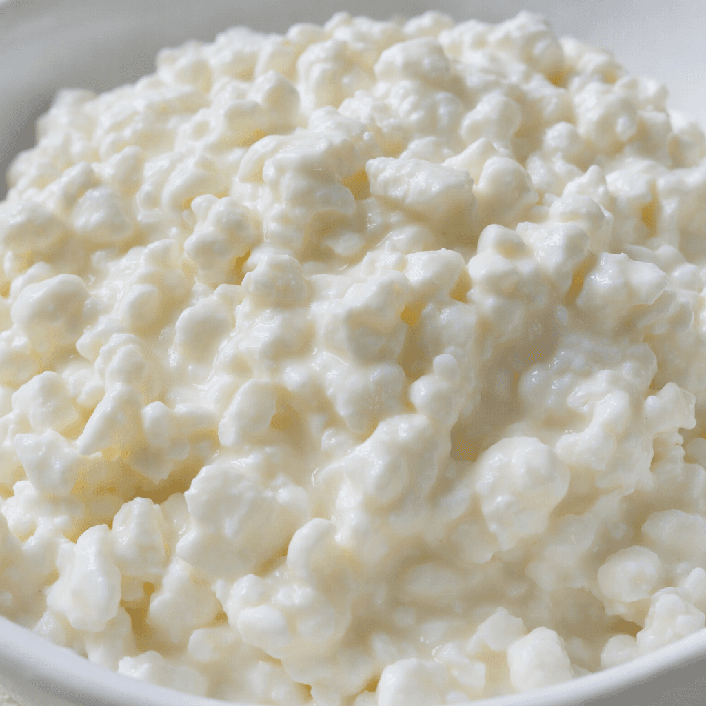 Small, soft white curds sit in a moist, creamy mound, with a few curds lightly coated in cream.