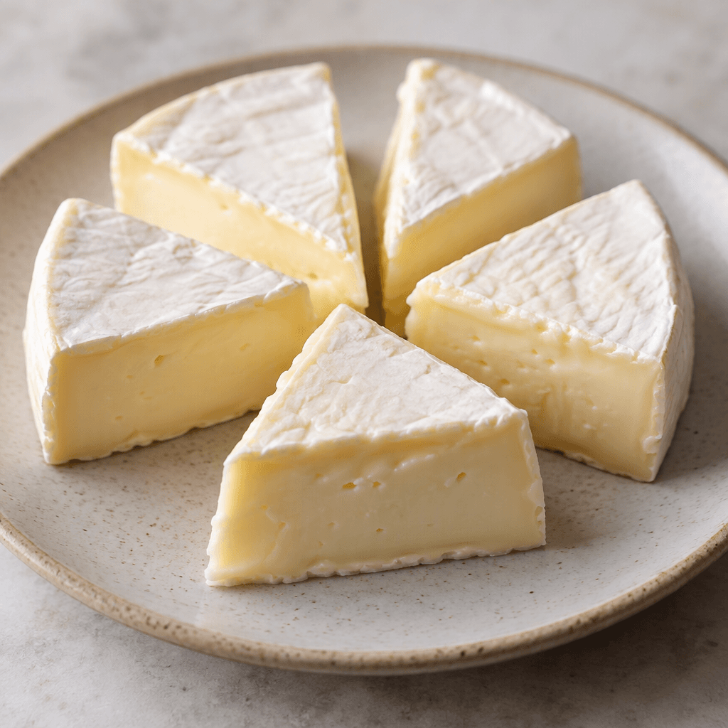 Several small triangular wedges of smooth, pale ivory cheese are arranged on a plate, with clean cut edges and a soft, creamy-looking surface.