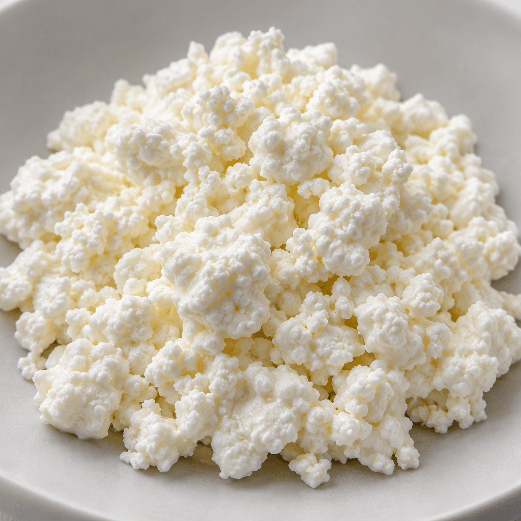 Soft, moist white curds form an uneven, loosely packed mound with a fine, crumbly texture.