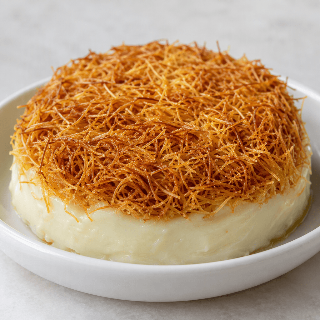 A smooth, pale ivory mastic pudding sits in a serving dish beneath a layer of fine, crisp-looking golden-brown kadayif strands.