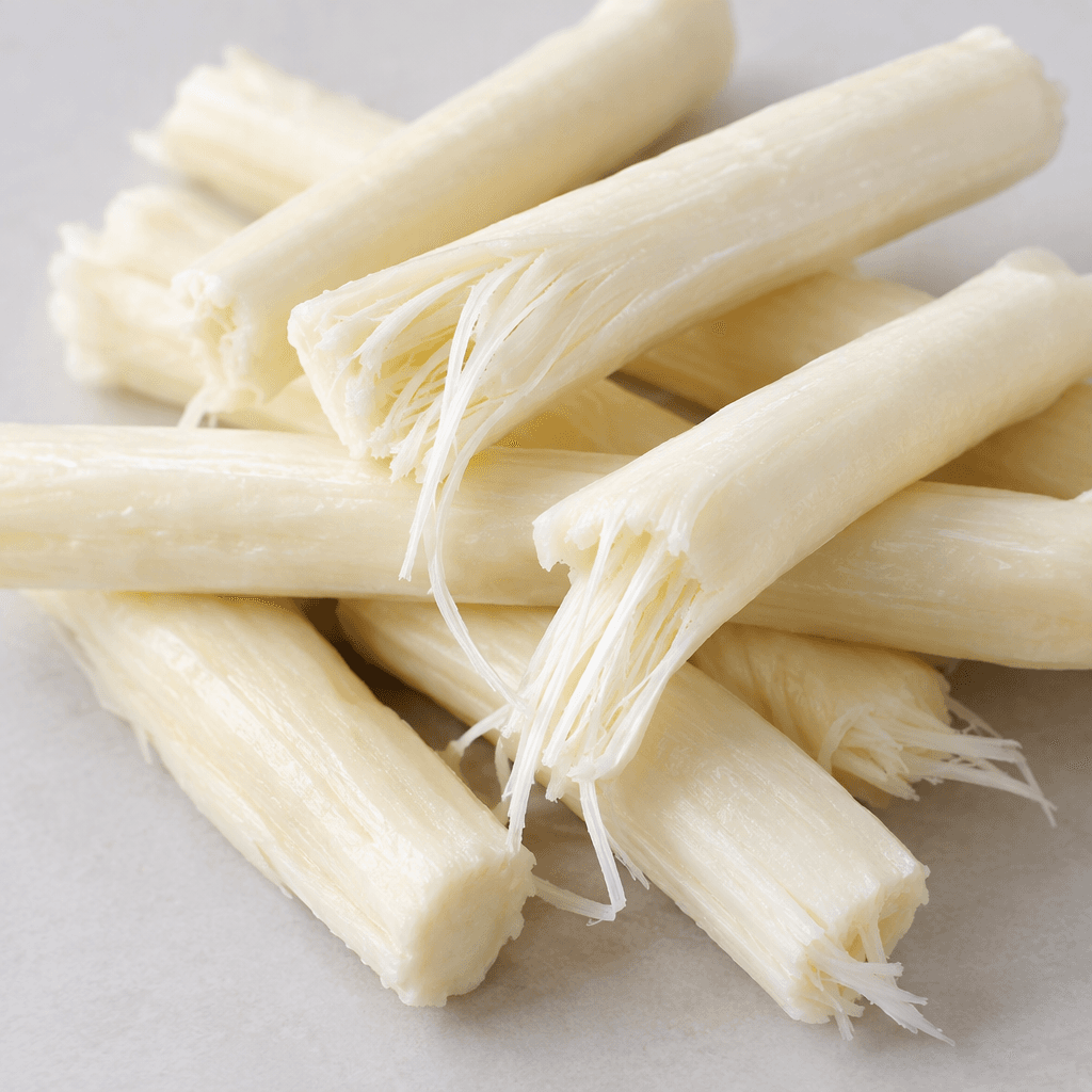 Several pale ivory-white cheese sticks lie loosely arranged, each long, smooth and cylindrical with visible fibrous strands that separate into thin strings at the torn ends.