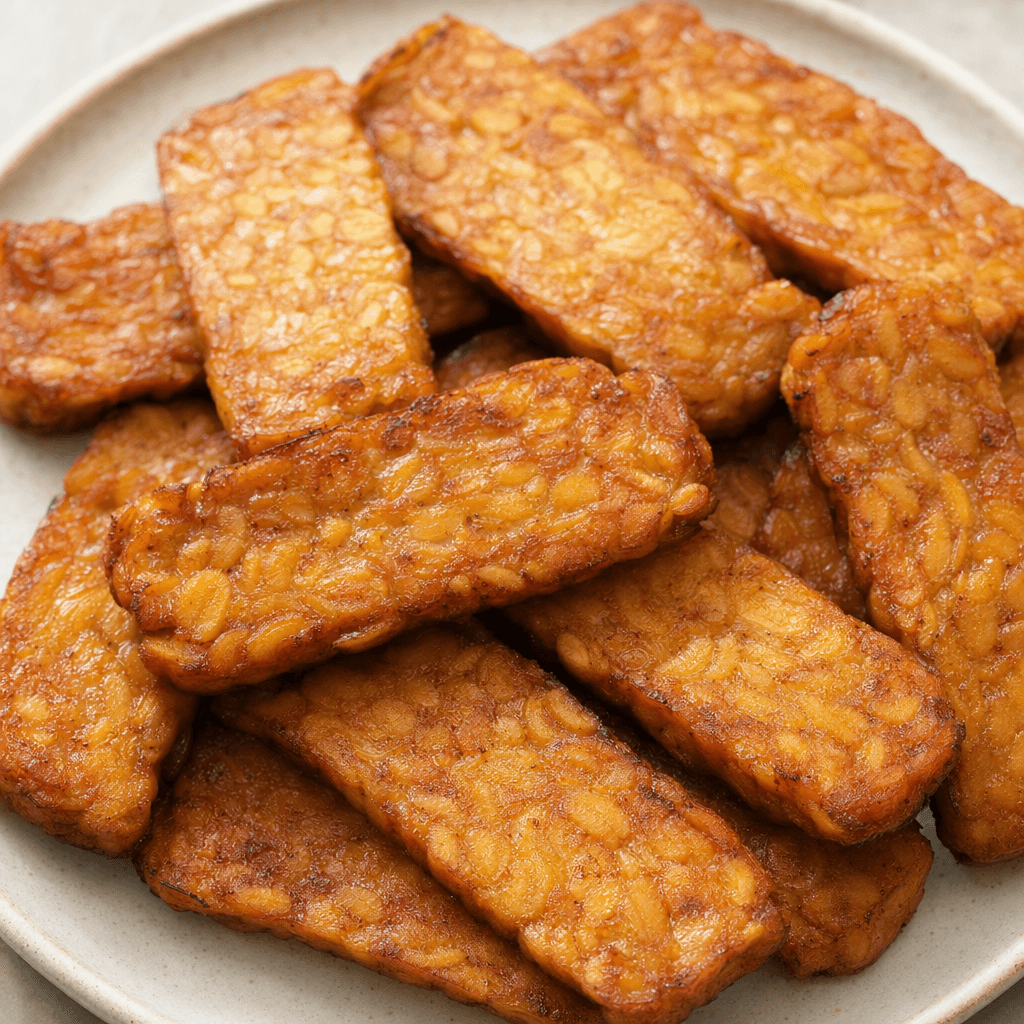 Tabakta, yüzeylerinde soya tanelerinin belirgin mozaiği ve kenarlarında koyu kızarmış izler görünen, altın kahverenginde dikdörtgen tempeh dilimleri duruyor.