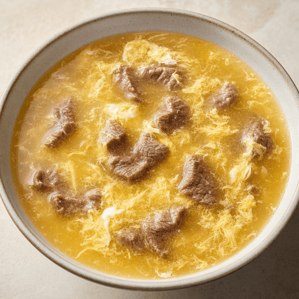A bowl of pale golden, slightly cloudy broth with small pieces of beef and delicate strands of egg, its surface lightly glossy.