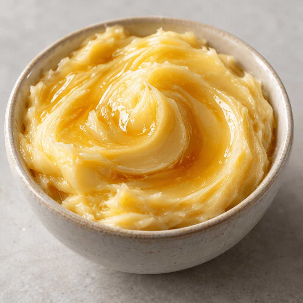 A smooth, creamy mixture of pale yellow butter and golden honey, softly whipped with a glossy surface and served in a small bowl.
