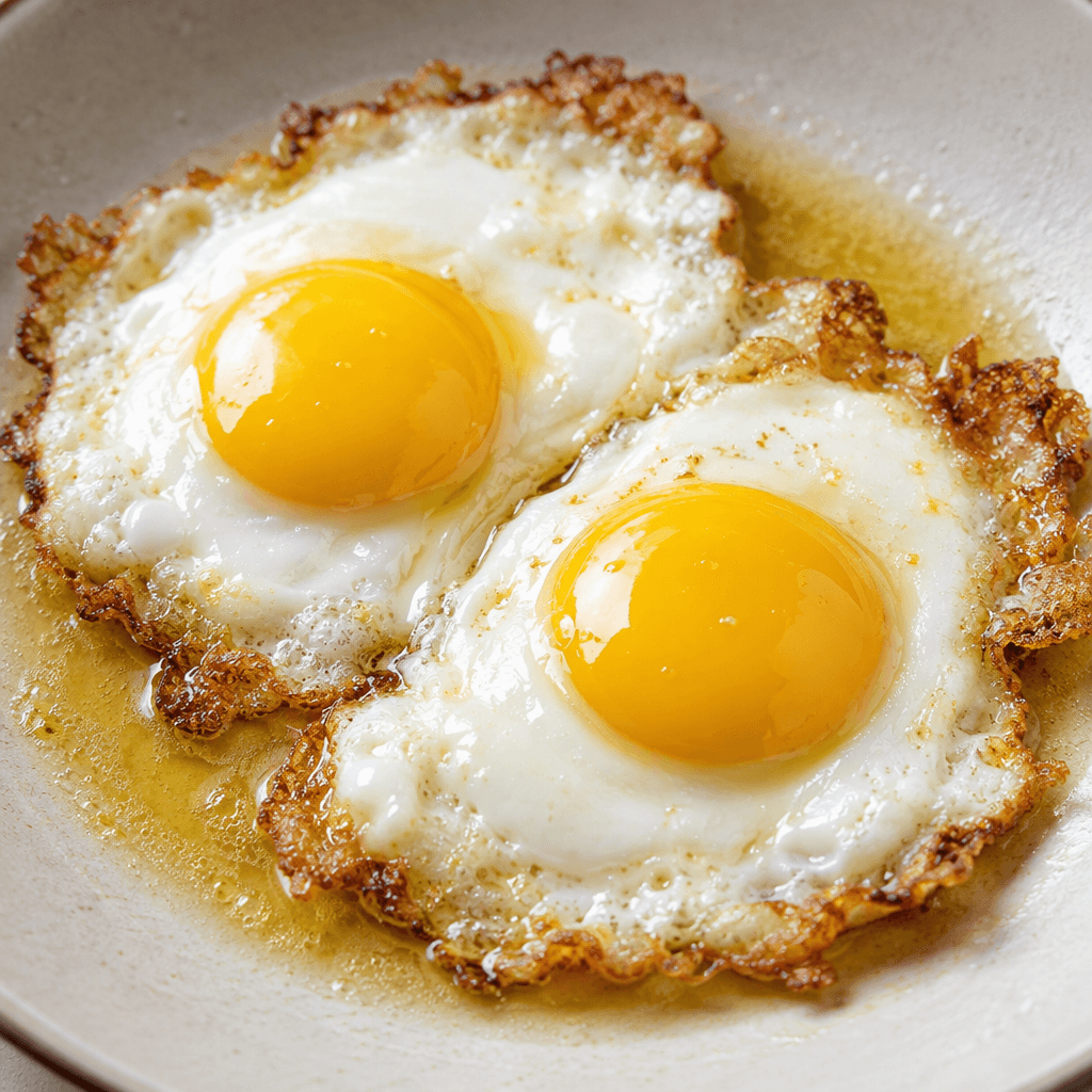 Two eggs with set, opaque white edges and rounded bright-yellow yolks sit in a shallow pool of glossy golden butter, with lightly browned, crisp frilled edges visible around the whites.